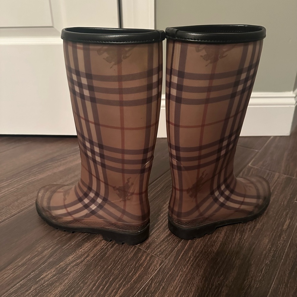 Burberry Beige & Brown Plaid Knee-High Rain Boots - Picture 3 of 4